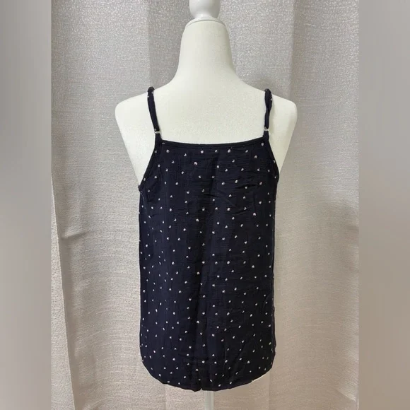 E & M Navy Blue Polka Dot Lace Trim Top Size Small Boho Embroidered Festival - Picture 2 of 12
